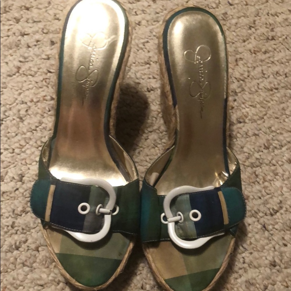 plaid, green and blue heels